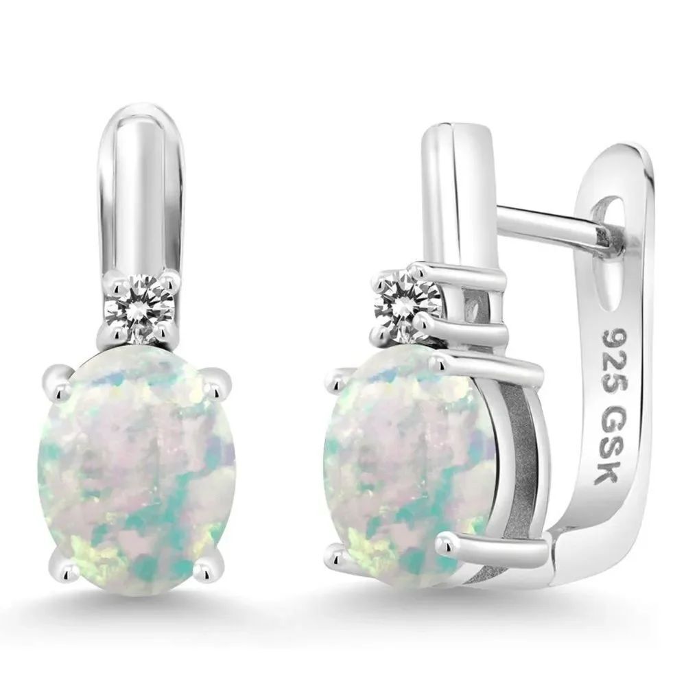925 Sterling Silver with 3.33 Cttw White Opal and White Diamond Oval Earrings